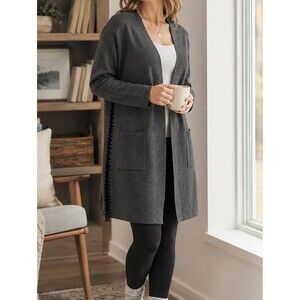 Open Front Cardigan Gray Black Embroidery Longline Sweater Coat *flaws*
